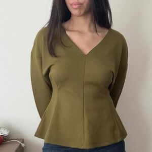 HM Olive Green V-Neck Peplum Top Long Sleeve Structured Waist Size Medium